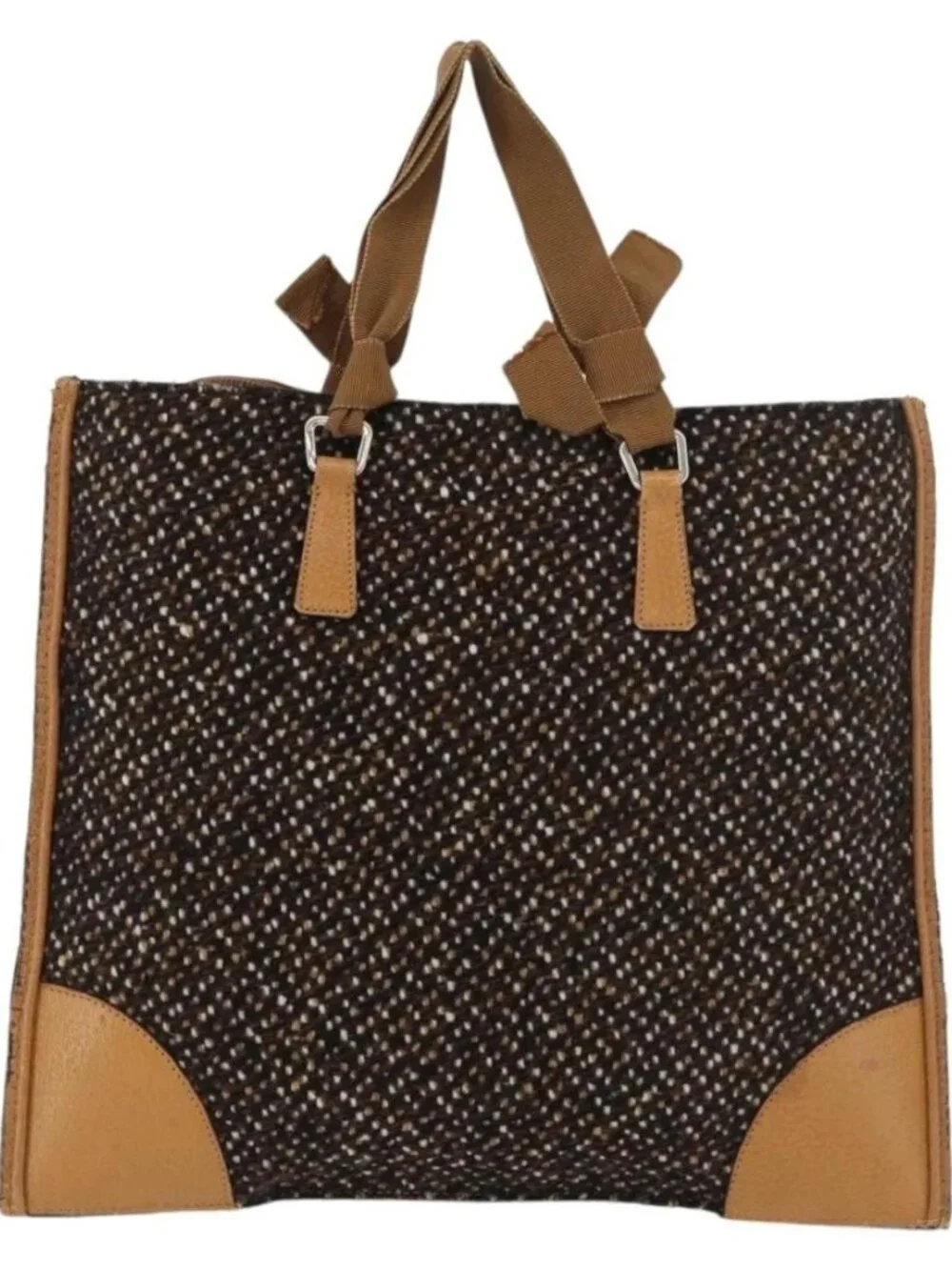 PRADA Hand Bag Canvas Brown Silver Auth 175566A